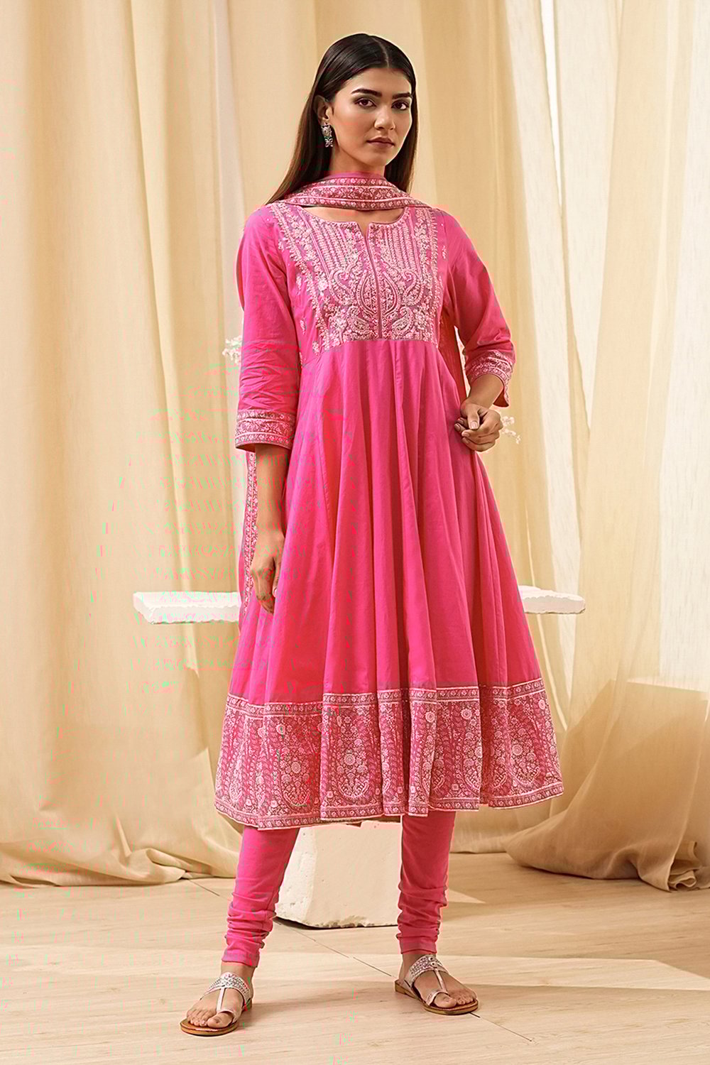 Blue Cotton Embroidered Anarkali Suit Set image number 6