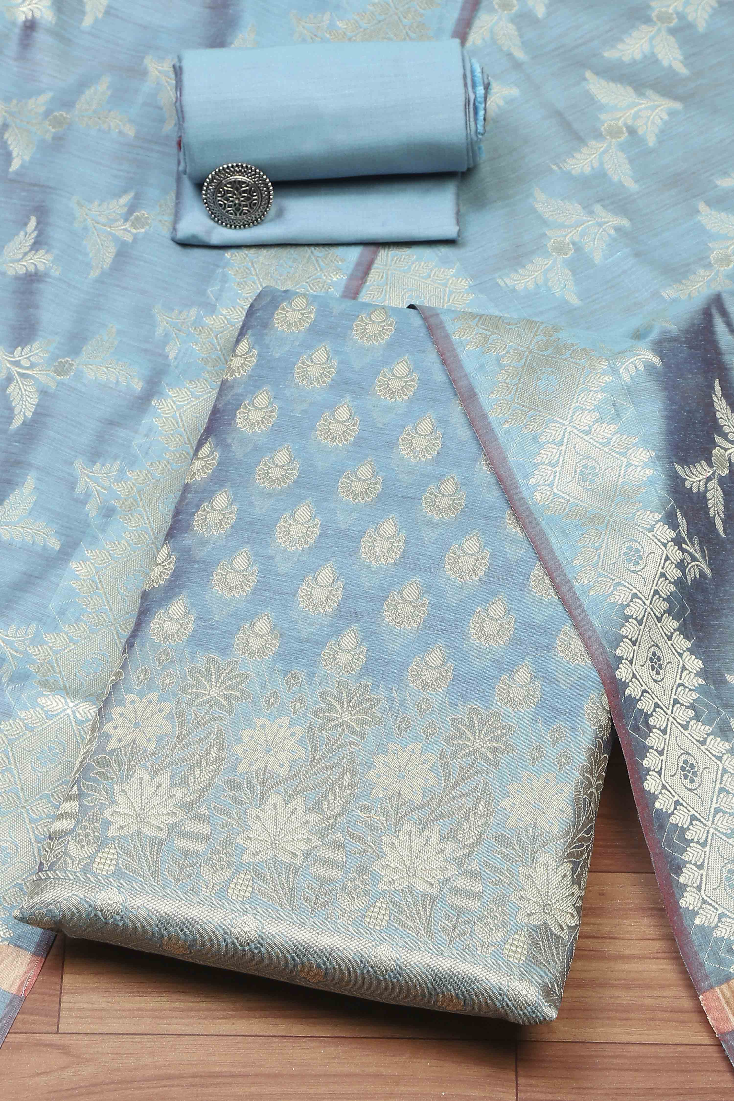 Blue Cotton Printed Embroidered Unstitched Suit Set image number 0