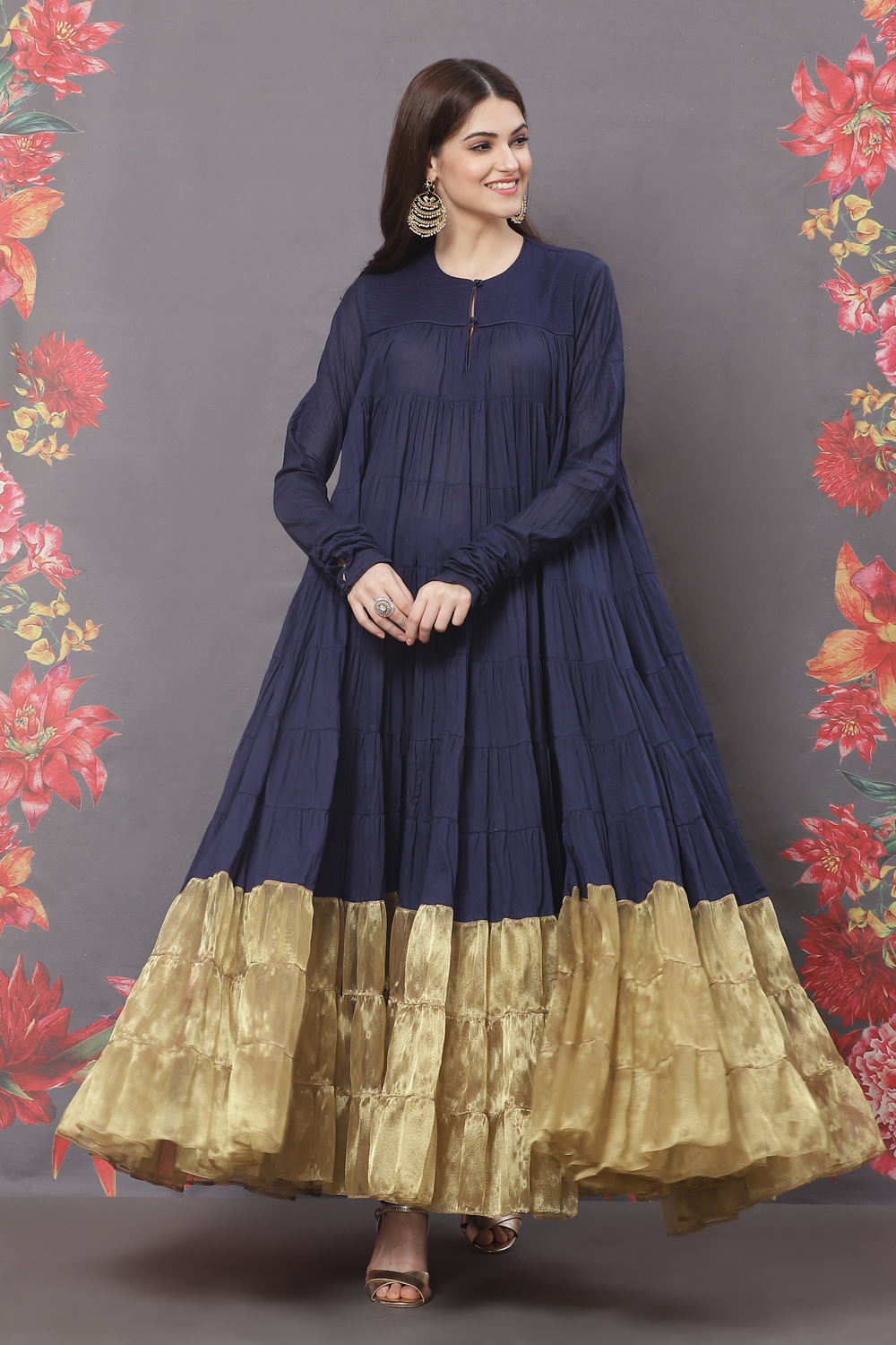 Rohit Bal Navy Blue Cotton Anarkali Solid Suit Set image number 2