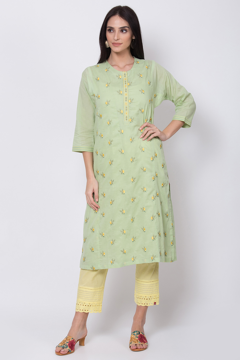 Sap Green Cotton Straight Kurta image number 0