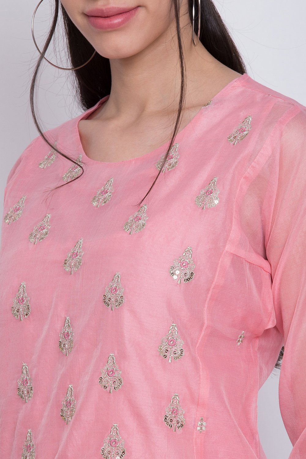 Pink Poly Cotton A-Line Embroidered Kurta image number 1