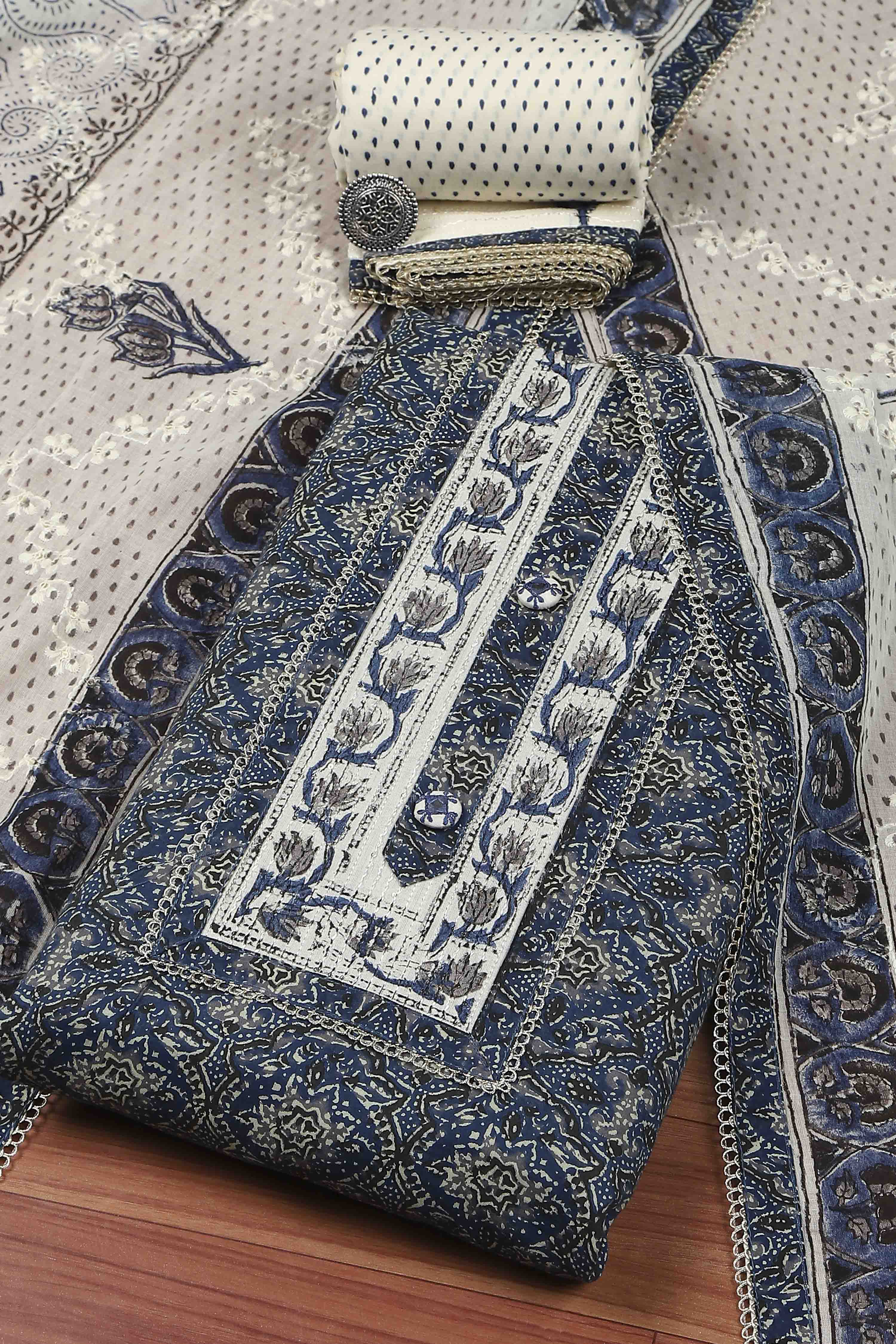 Blue Cotton Printed Embroidered Unstitched Suit Set image number 0