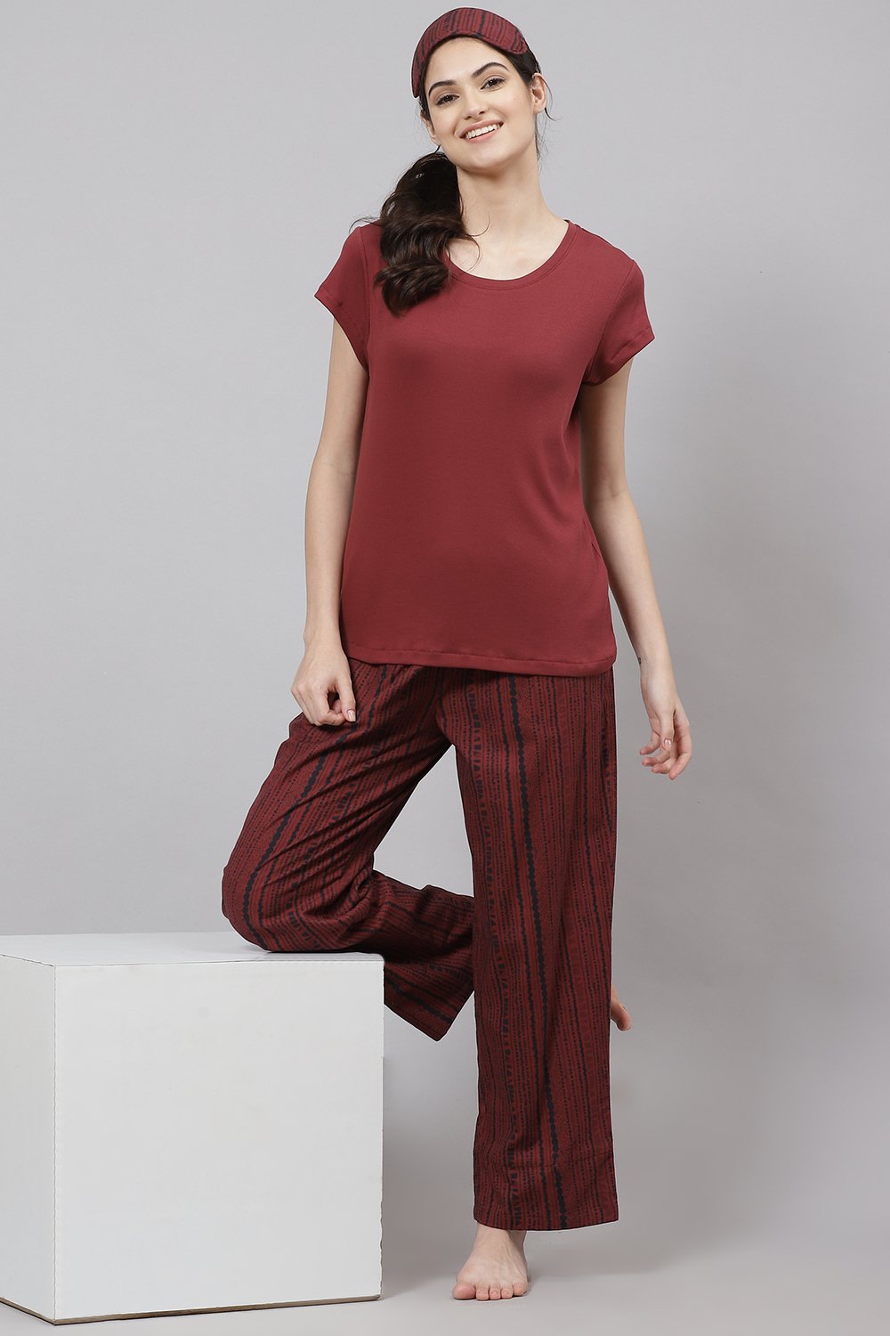 Maroon Straight Art Silk Three Piece Sleepwear Set image number 0