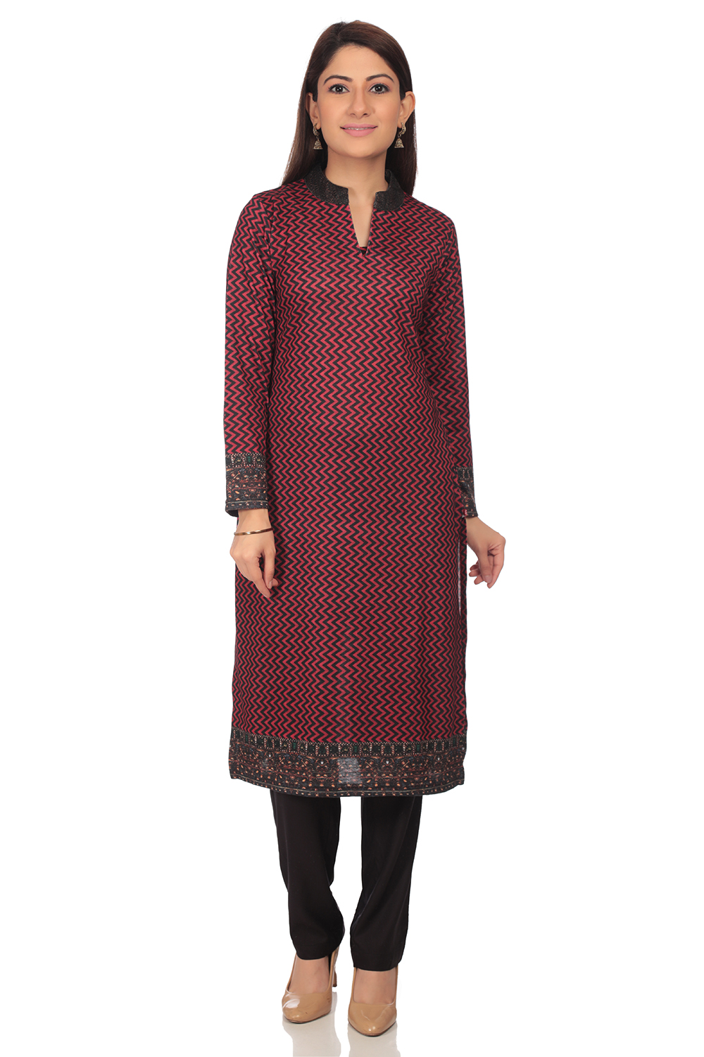 Red Poly Cotton Straight Printed Kurta image number 3