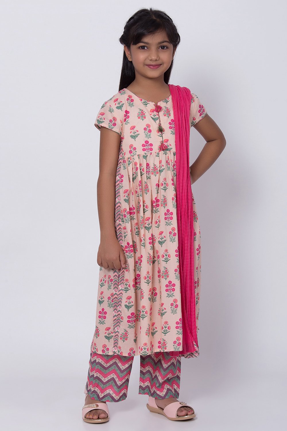 Peach Cotton Flared Straight Kurta Palazzo Suit Set image number 3