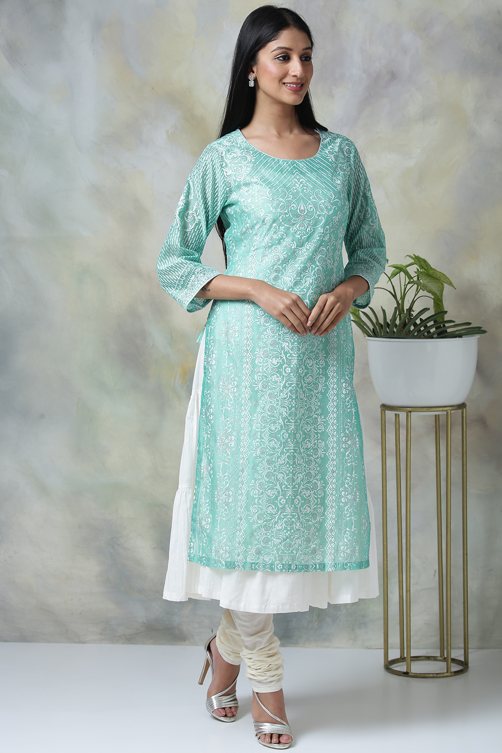 Peach Cotton Double Layered Printed Kurta image number 4