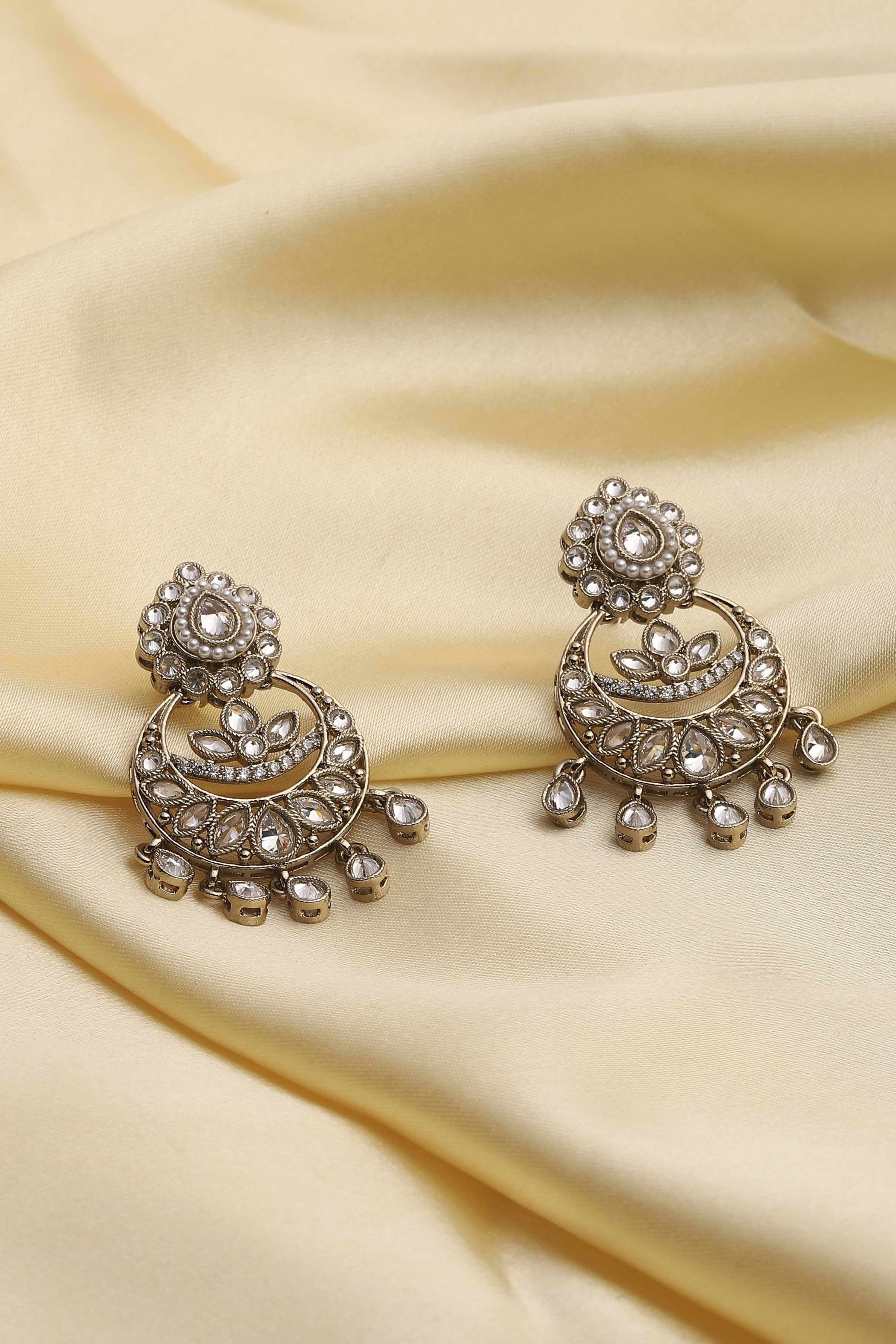 White Gold Plated Alloy Studded Chandbalis image number 0