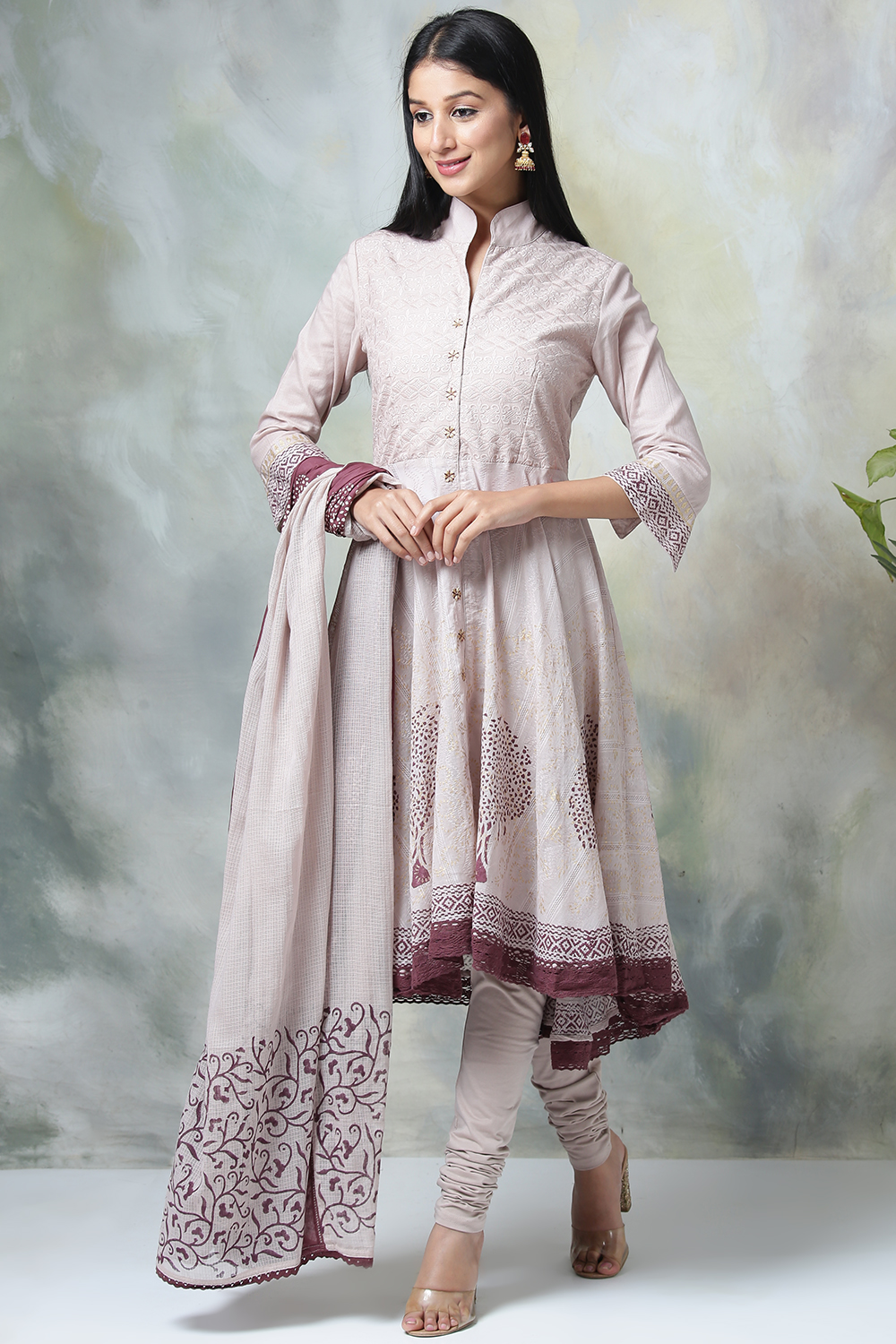 Light Purple Cotton Asymmetric Kurta Churidar Suit Set image number 6