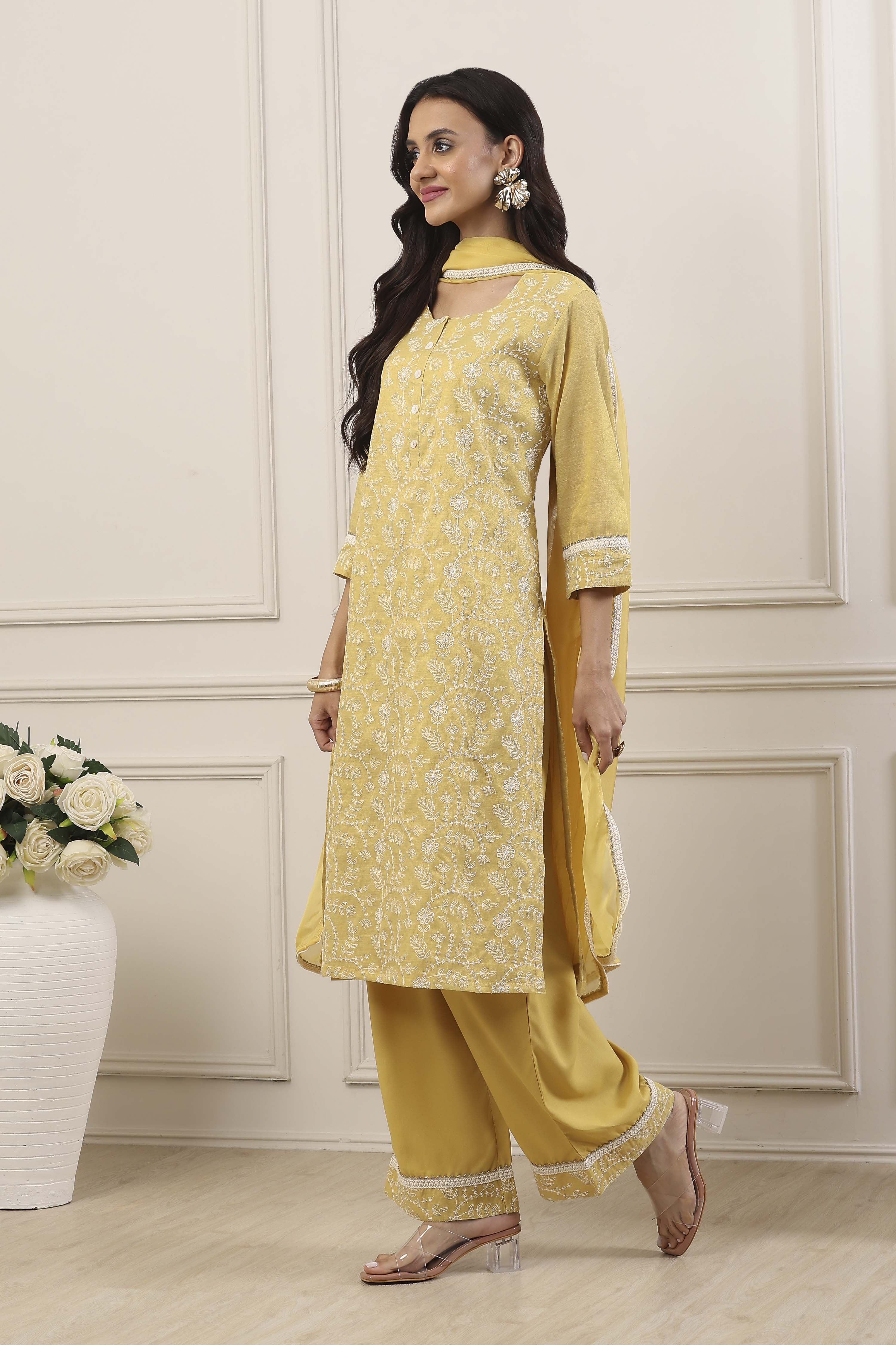 Yellow Zari Cotton Tissue Straight Suit Set image number 4