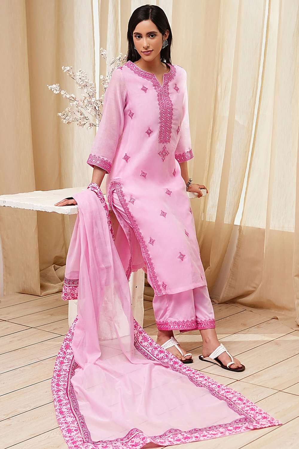 Pink Embroidered Straight Suit Set image number 0