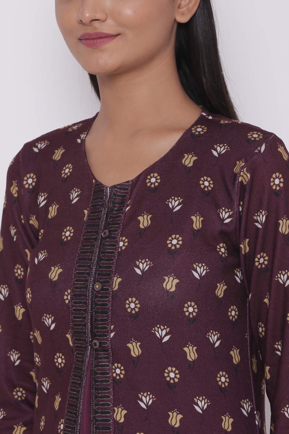 Plum Printed Winter Yarndyed Kurta image number 1