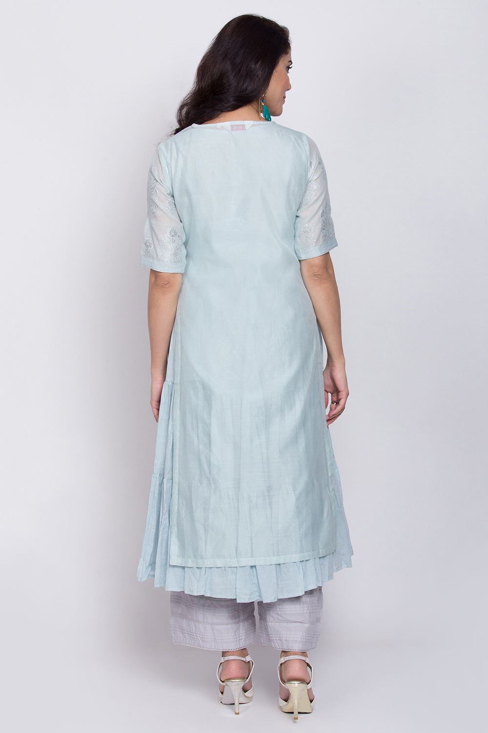 Powder Blue Poly Metallic Cotton Flared Yarndyed Kurta image number 4