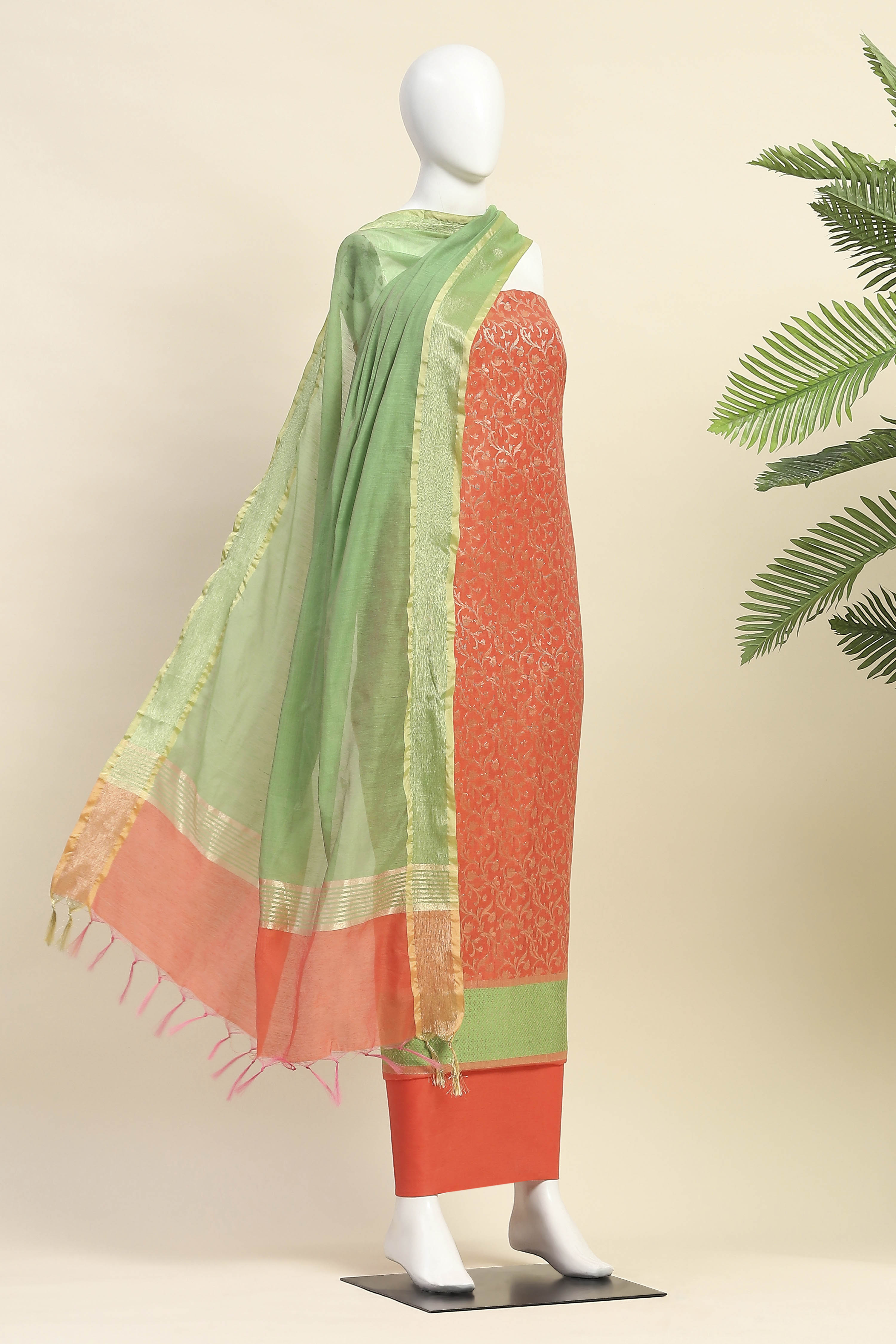 Pink Cotton Printed Embroidered Unstitched Suit Set image number 4