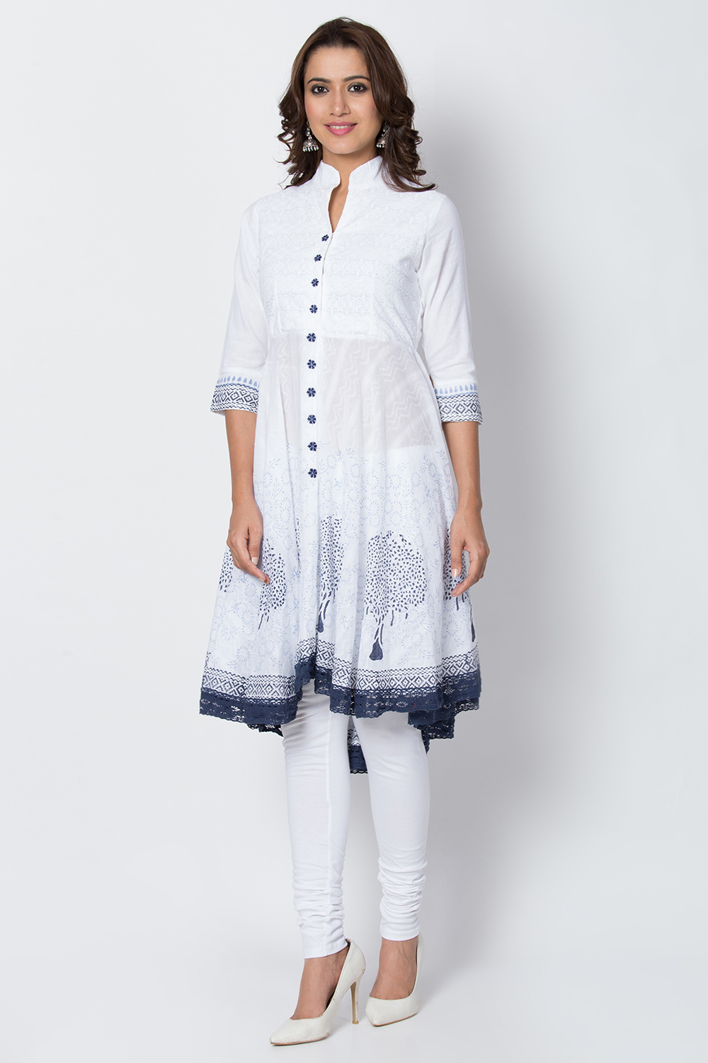 Yellow Cotton Asymmetric Kurta Churidar Suit Set image number 3