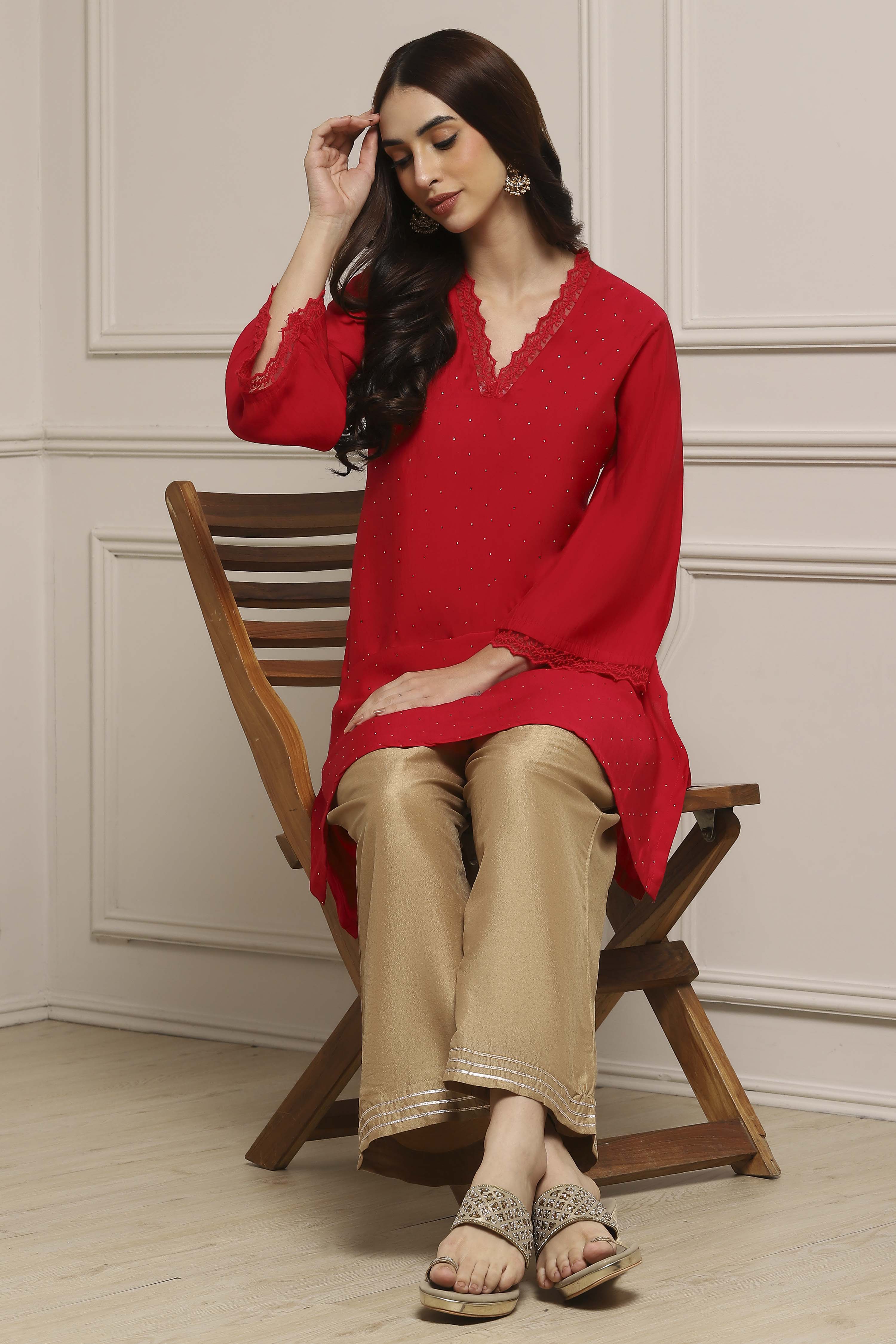 Gold Polyester Straight Palazzos image number 0