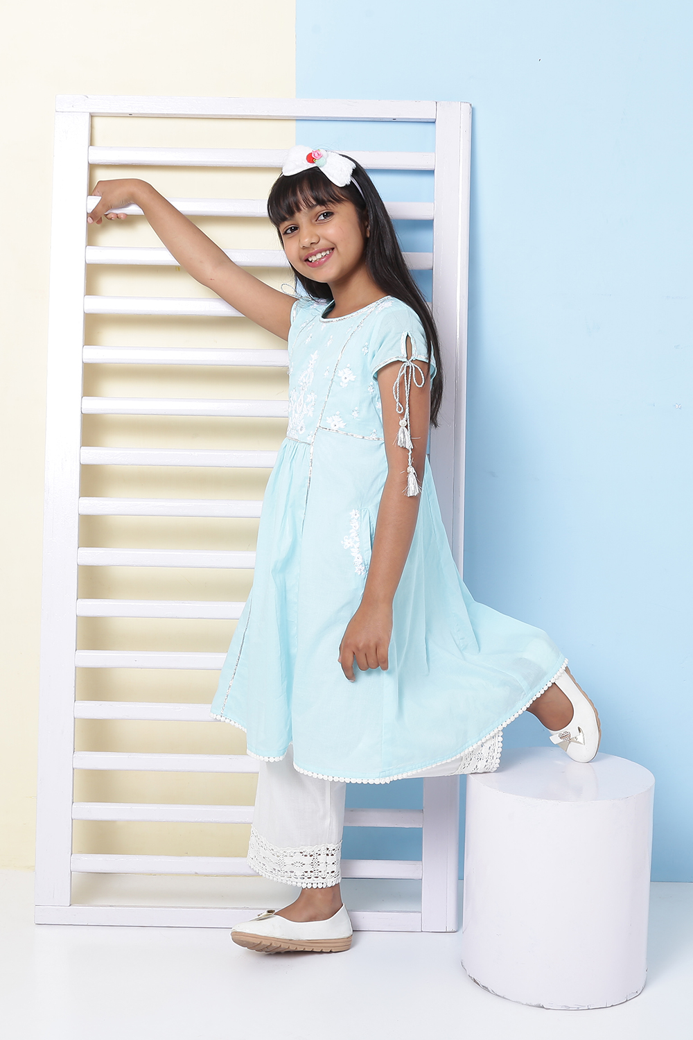 Sky Blue Cotton Chikankari Embroidered Kurta Pant Set image number 3