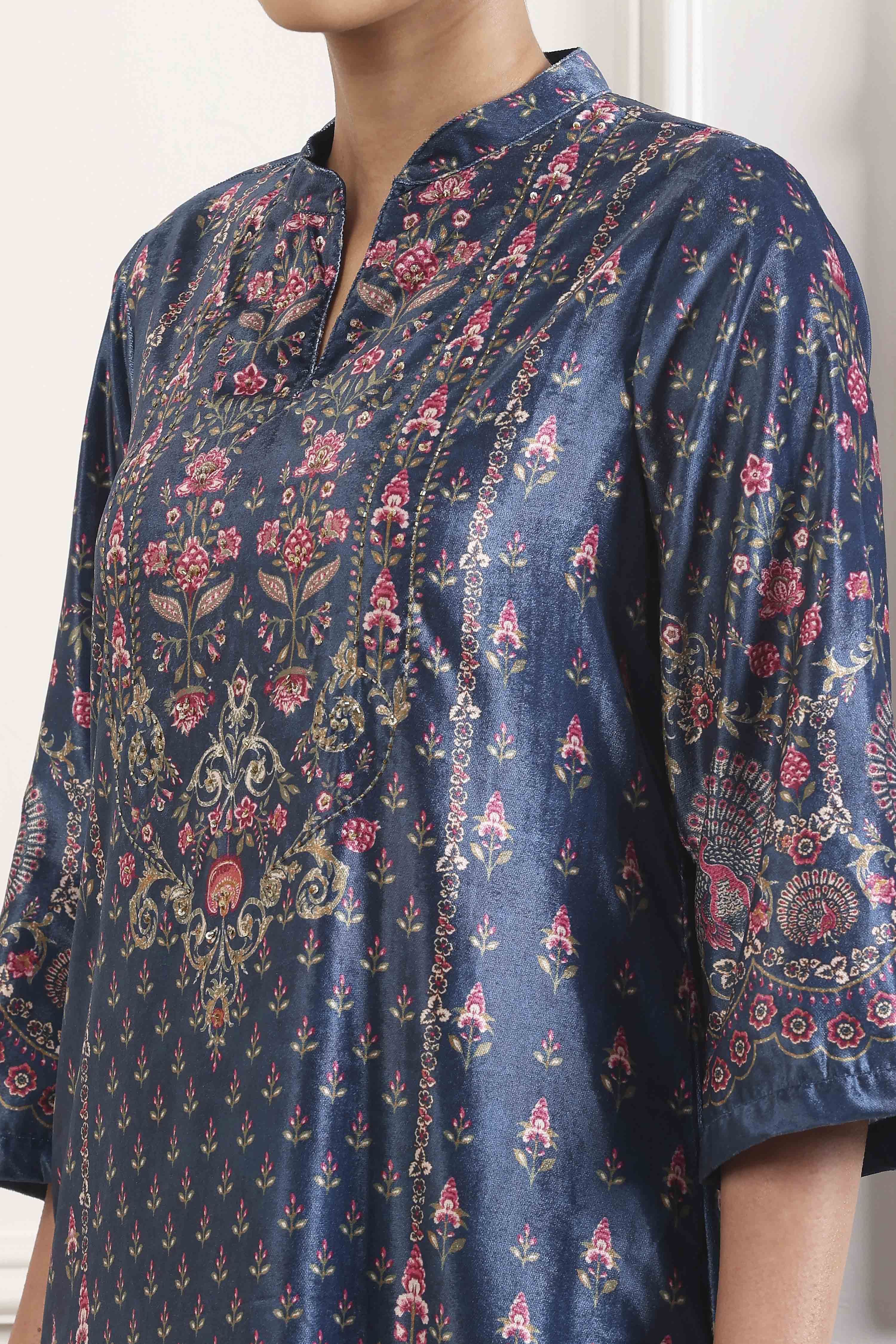 Navy Polyester Straight Printed Suit Set image number 1