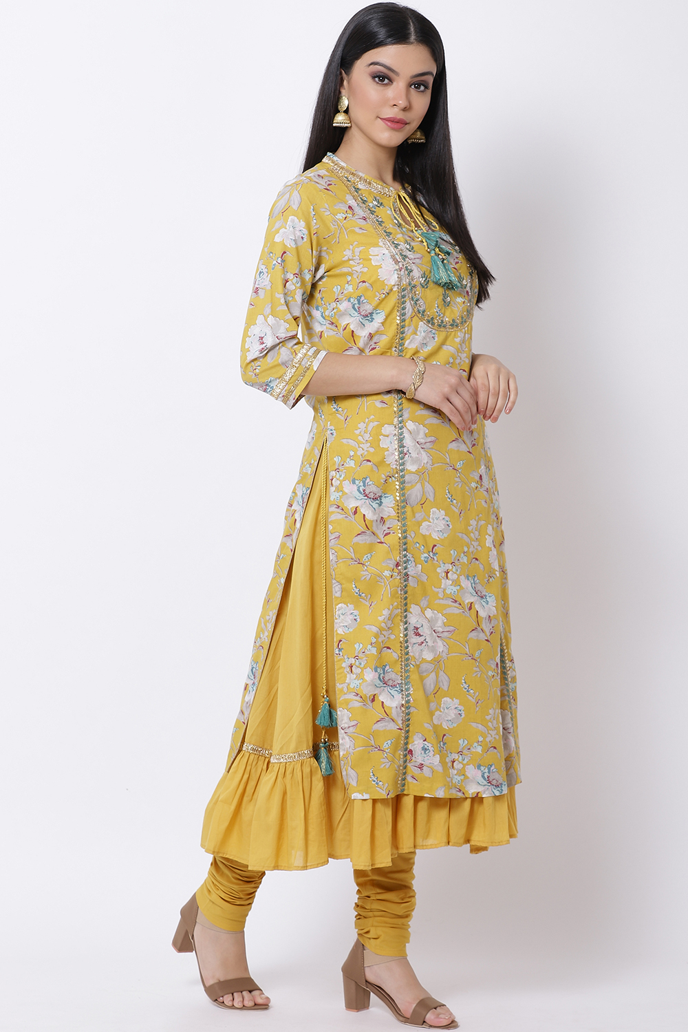 Yellow Cotton Flared Kurta Churidar Suit Set image number 3