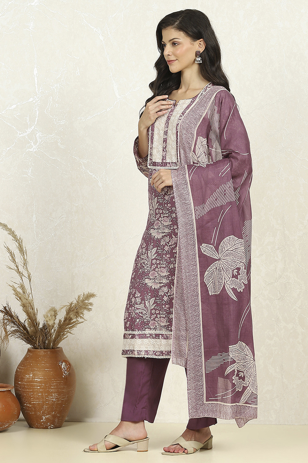 Purple Cotton Unstitched Suit Set image number 4