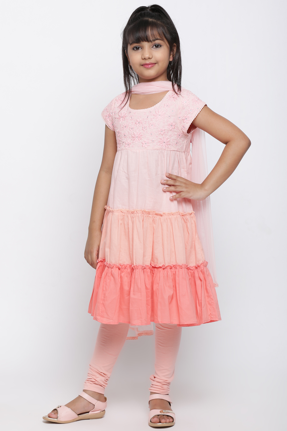 Peach Cotton Chikankari Kurta Churidar Suit Set image number 2
