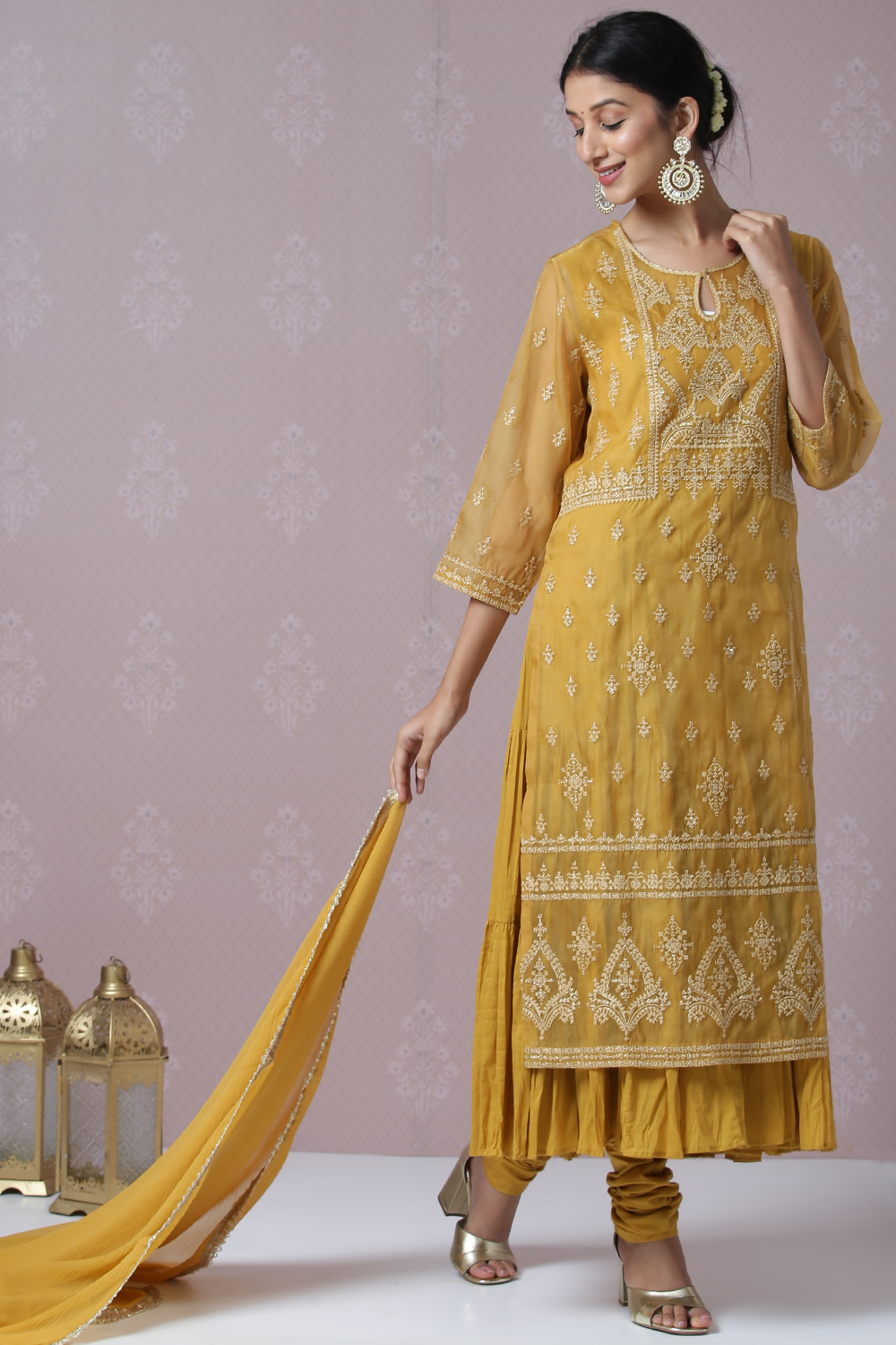 Mustard Art Silk Double Layered Kurta Churidar Suit Set image number 4