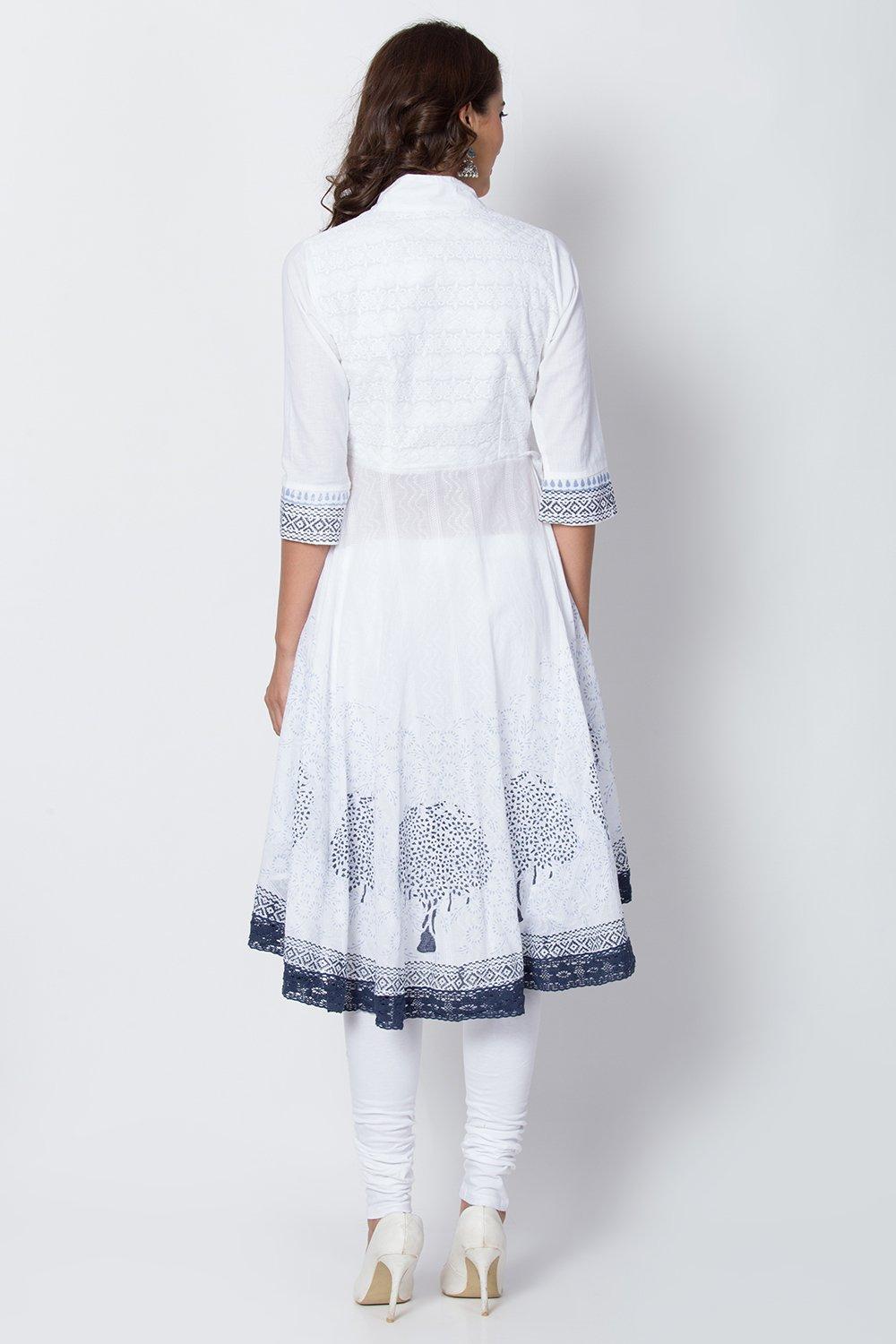 White & Blue Cotton Anarkali Kurta Churidar Suit Set image number 4