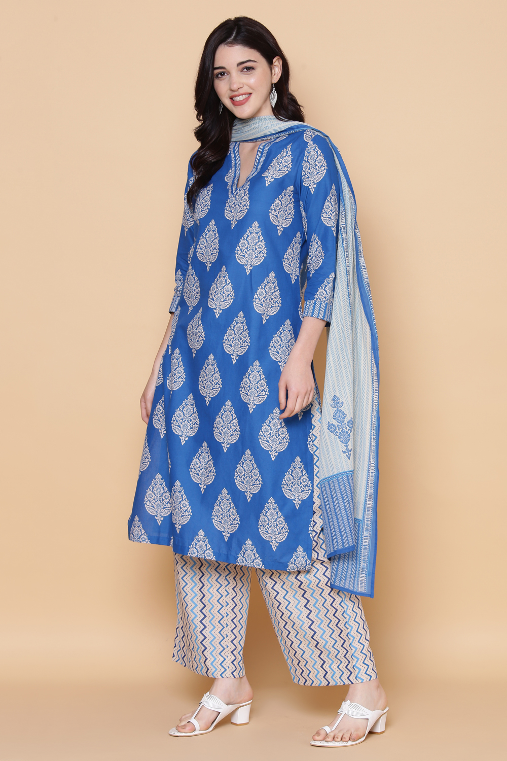 Royal Blue Cotton Straight Kurta Palazzo Suit Set image number 5