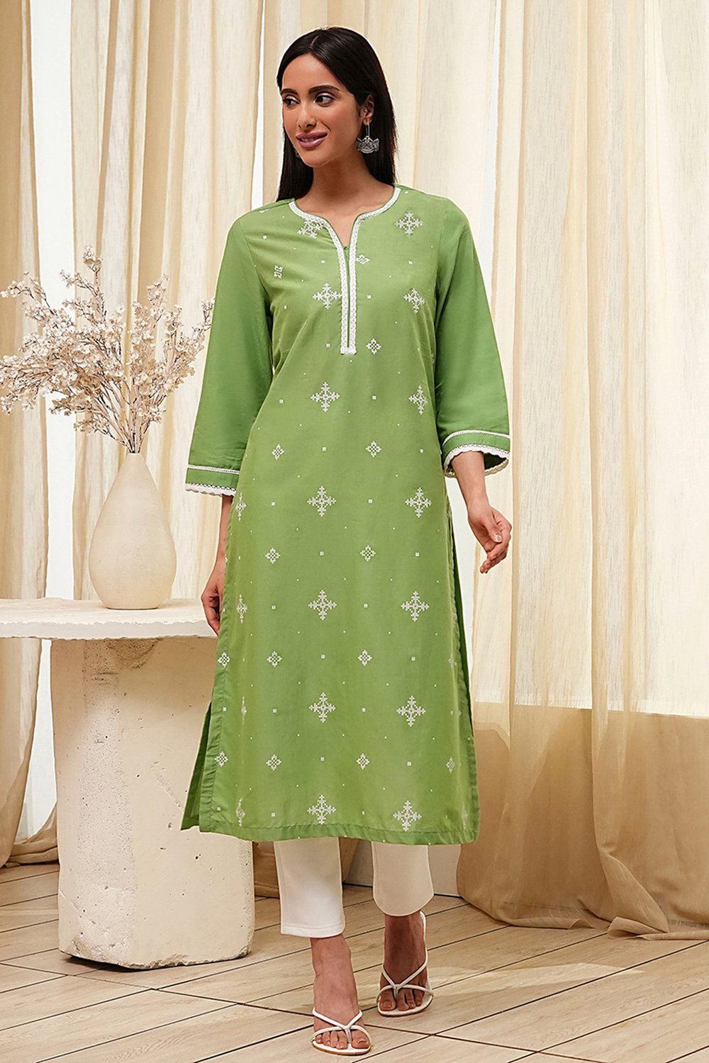 Light Pink Cotton Straight Kurta image number 5