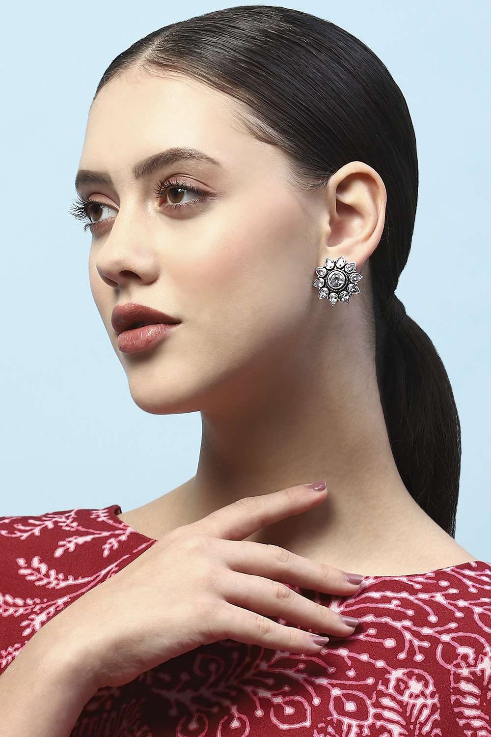 White Oxidised Stone Studded Floral-Shaped Studs image number 1