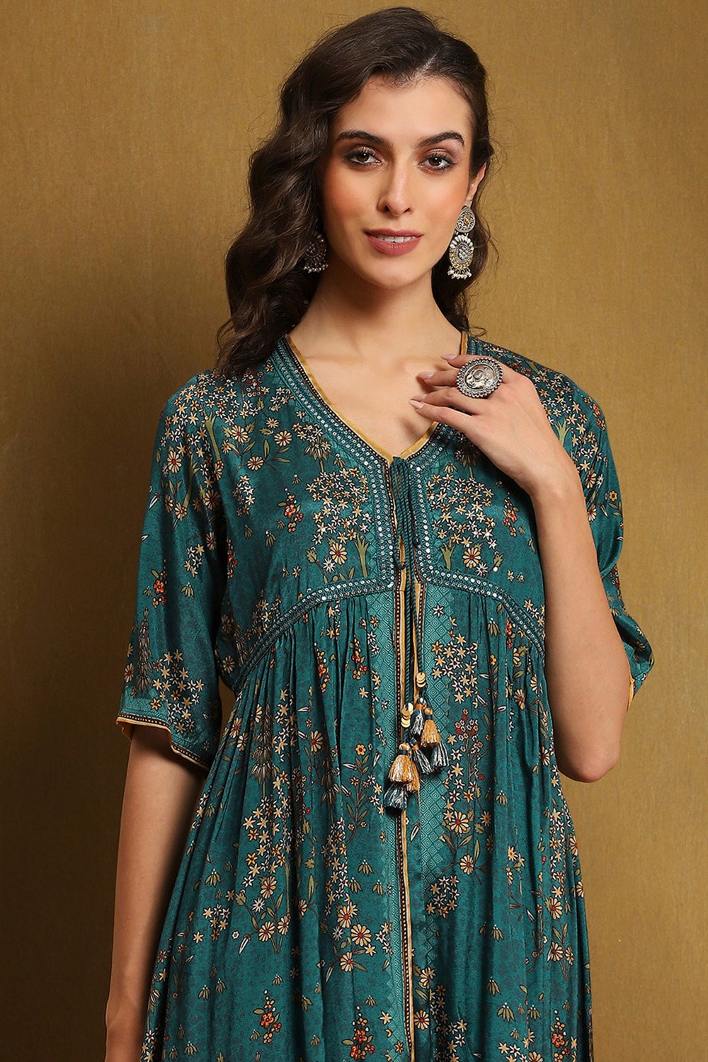 Teal Shantoon Block Printed Festive Flared Kurta image number 1