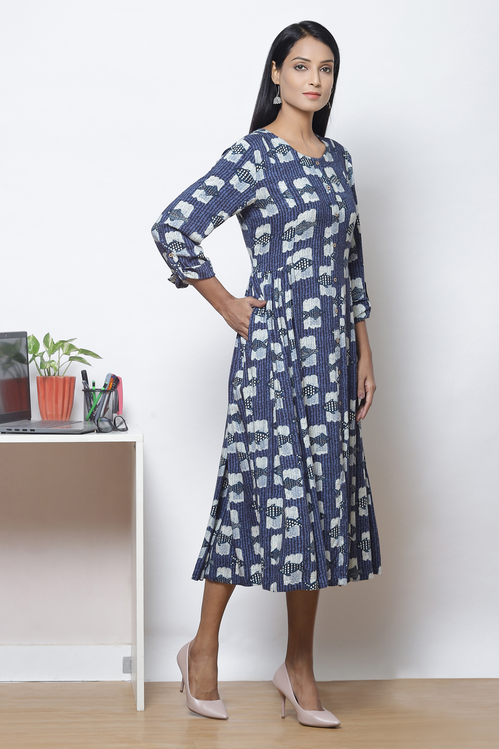 Indigo LIVA A Line Fusion Dress at Biba India
