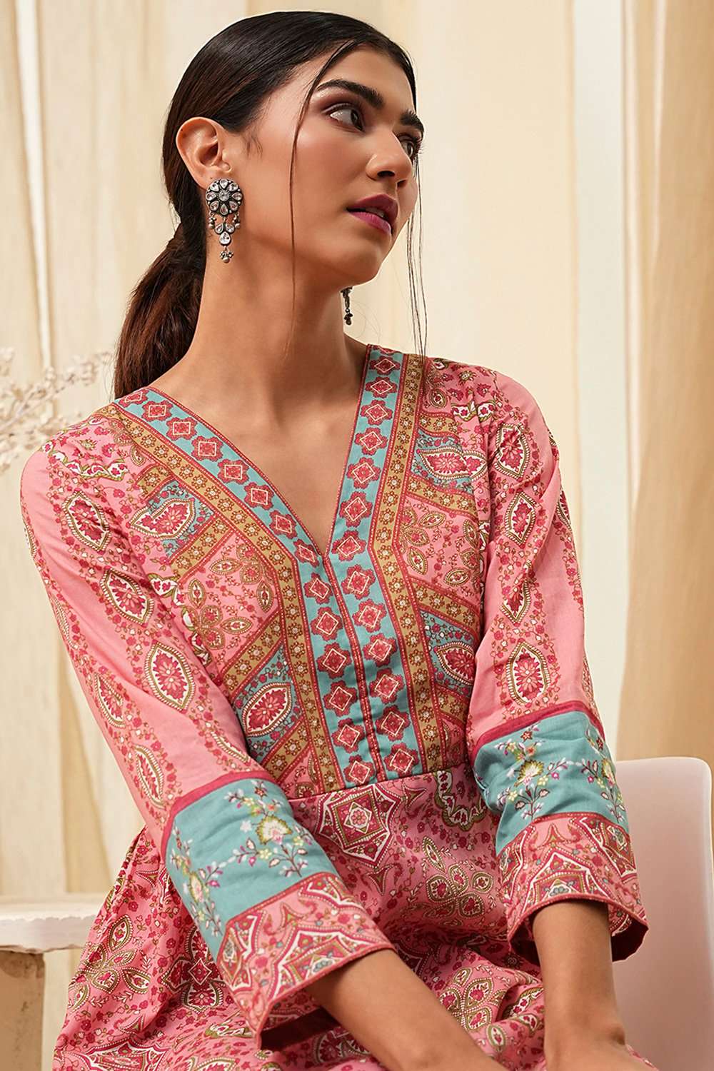 Pink Pure Cotton Printed A-Line Kurta image number 1