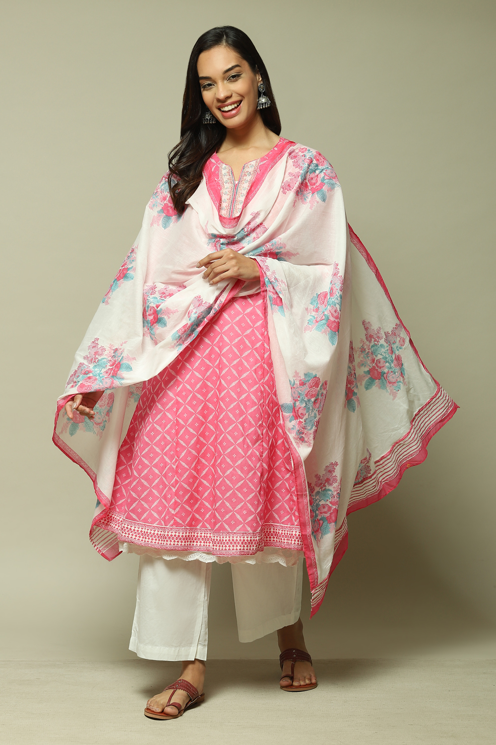 Pink Cotton Anarkali Kurta Palazzo Suit Set image number 0