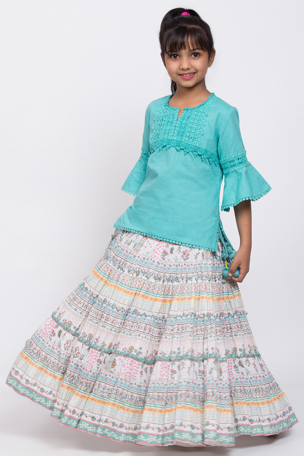 Blue Cotton Printed Skirt Top Set image number 0