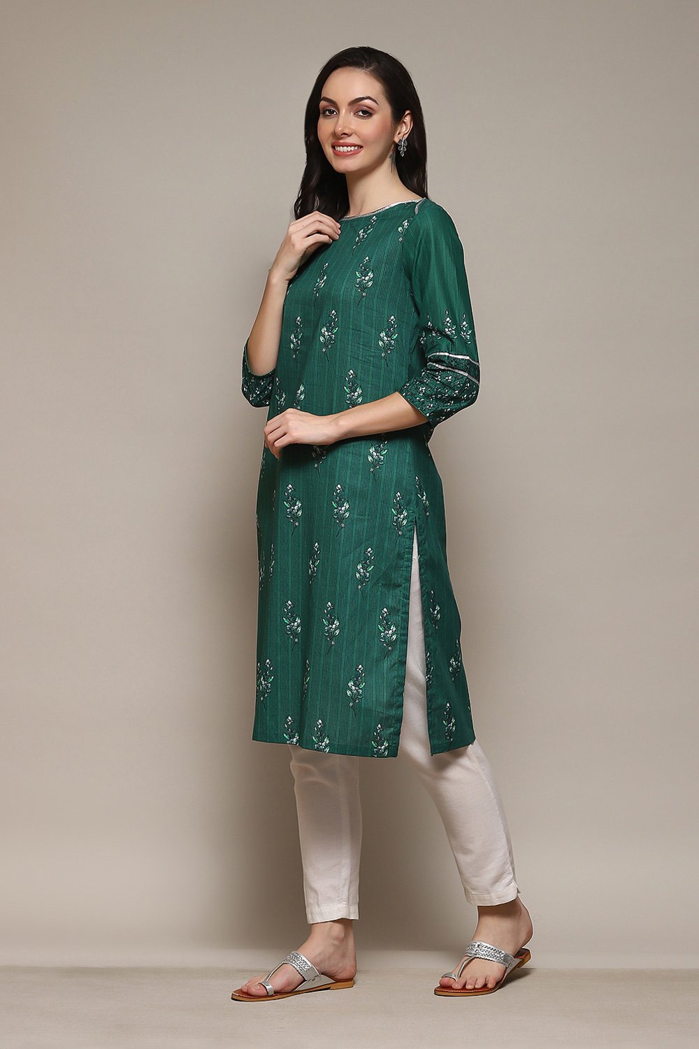 Green Cotton Straight Printed Kurta image number 2