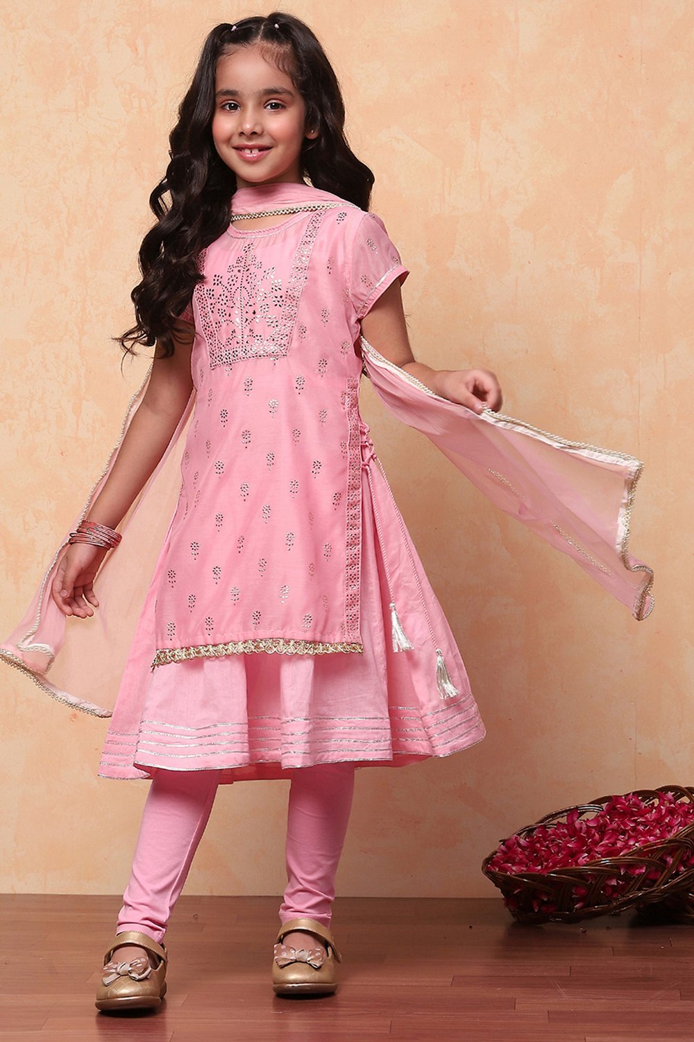 Pink Poly Chanderi Metallic Pattern Layered A-Line Suit Set image number 0