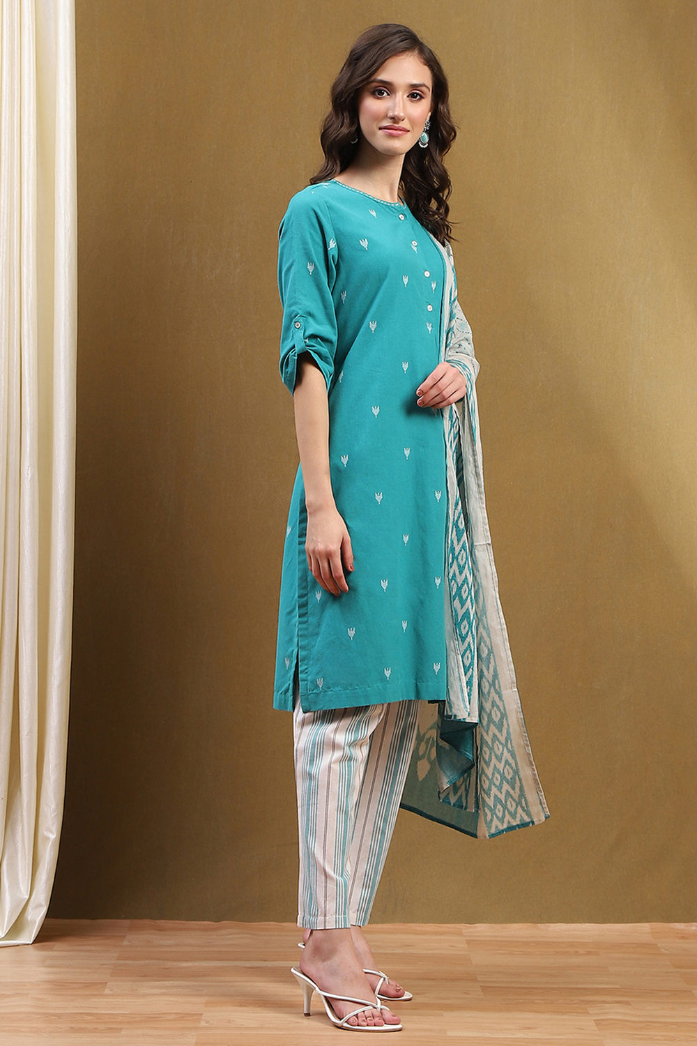 Orange Cotton Printed Straight Suit Set image number 5