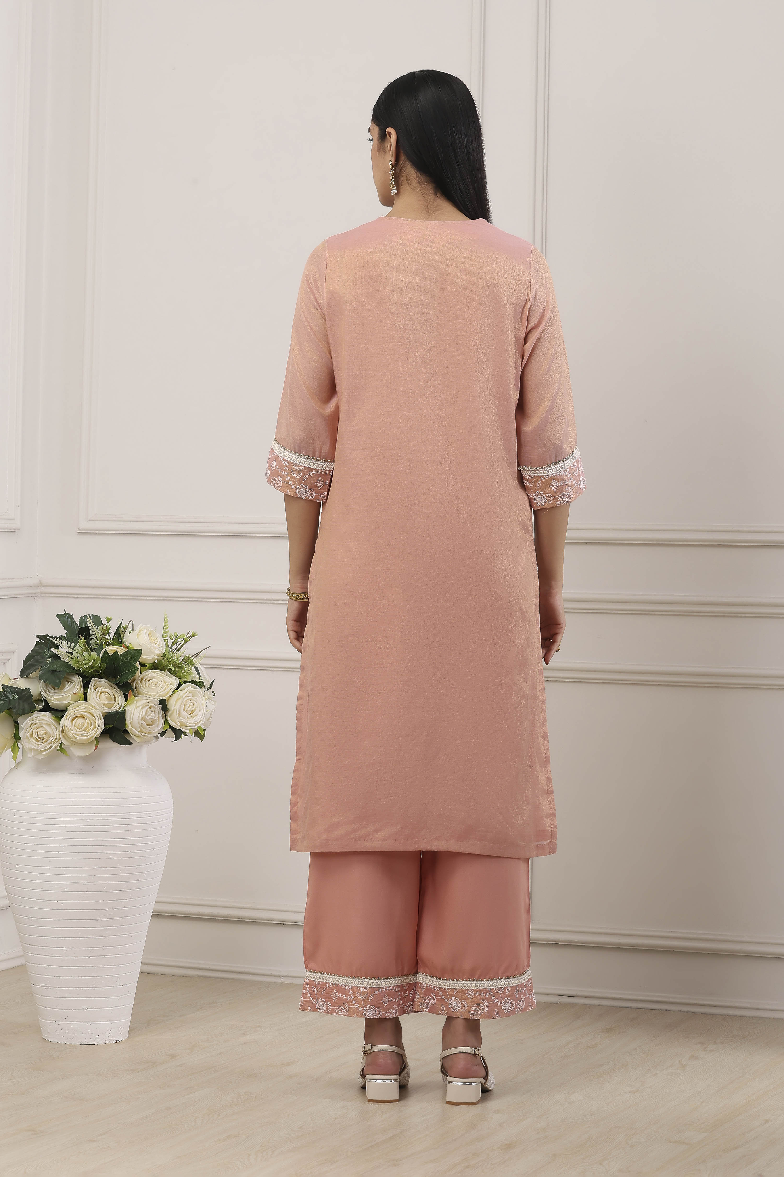 Yellow Zari Cotton Tissue Straight Suit Set image number 4