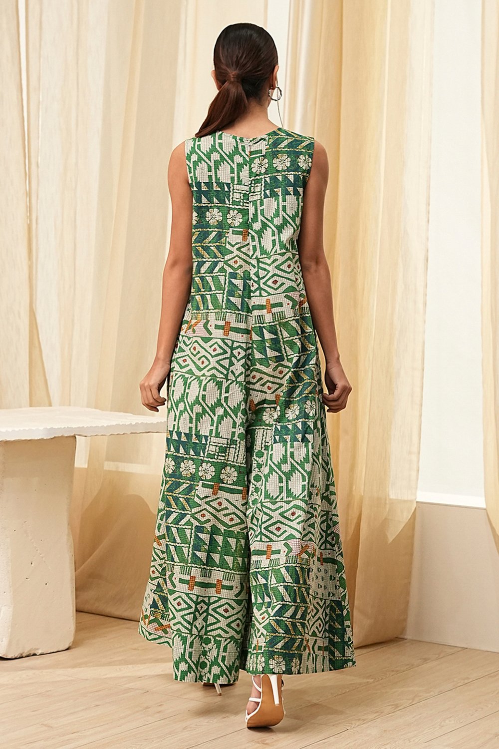 Green Cotton Printed Flared Jumpsuit image number 3