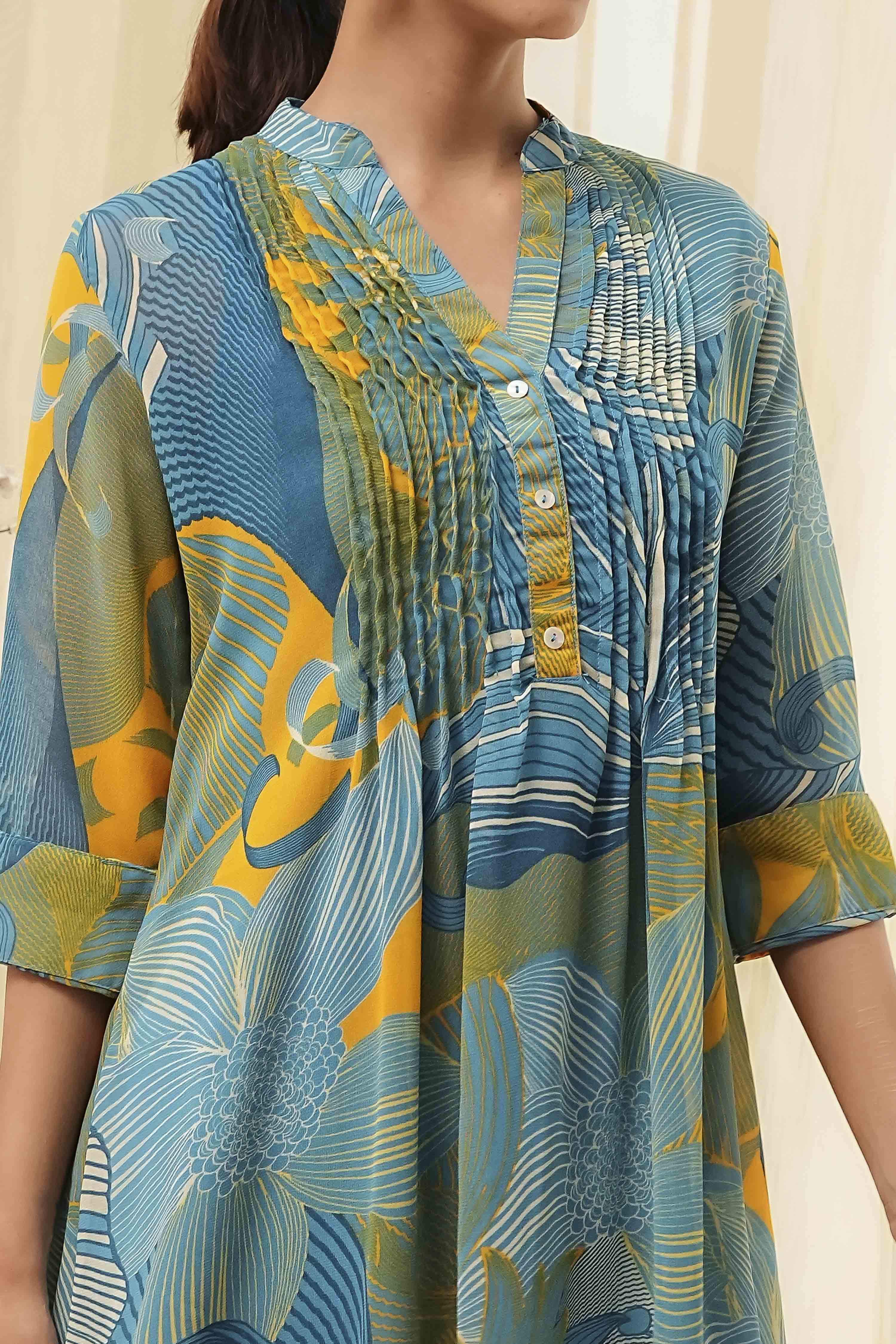Blue Printed Pleated A-Line Kurta image number 1