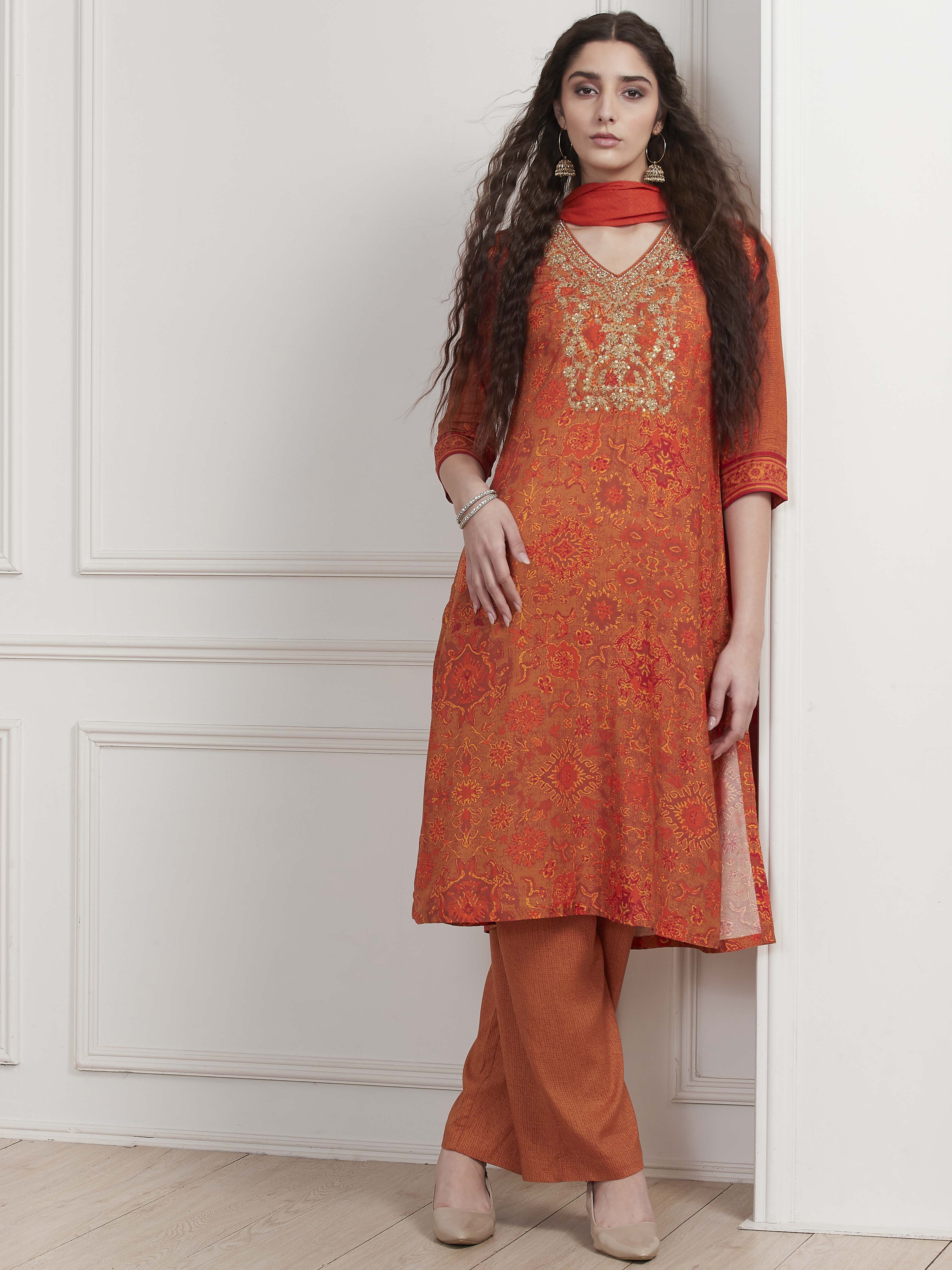 Orange Modal Printed Straight Suit Set image number 7