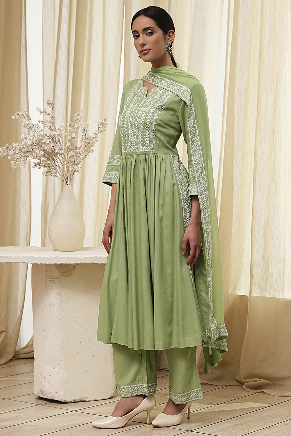 Olive Green Embroidered Gathered Suit Set image number 3