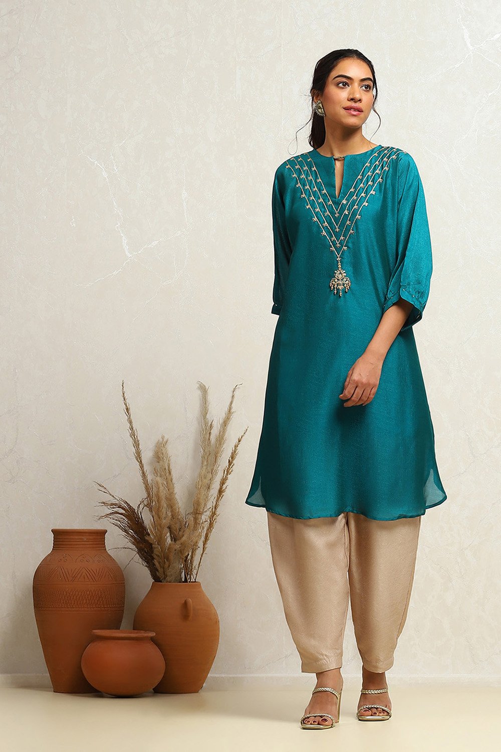 Emerald Green Straight Regular Fit Festive Kurta image number 0