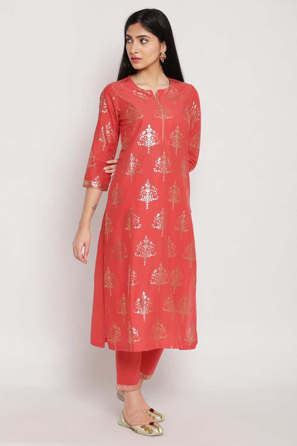 Coral Cotton Straight Kurta Pant Suit Set image number 2