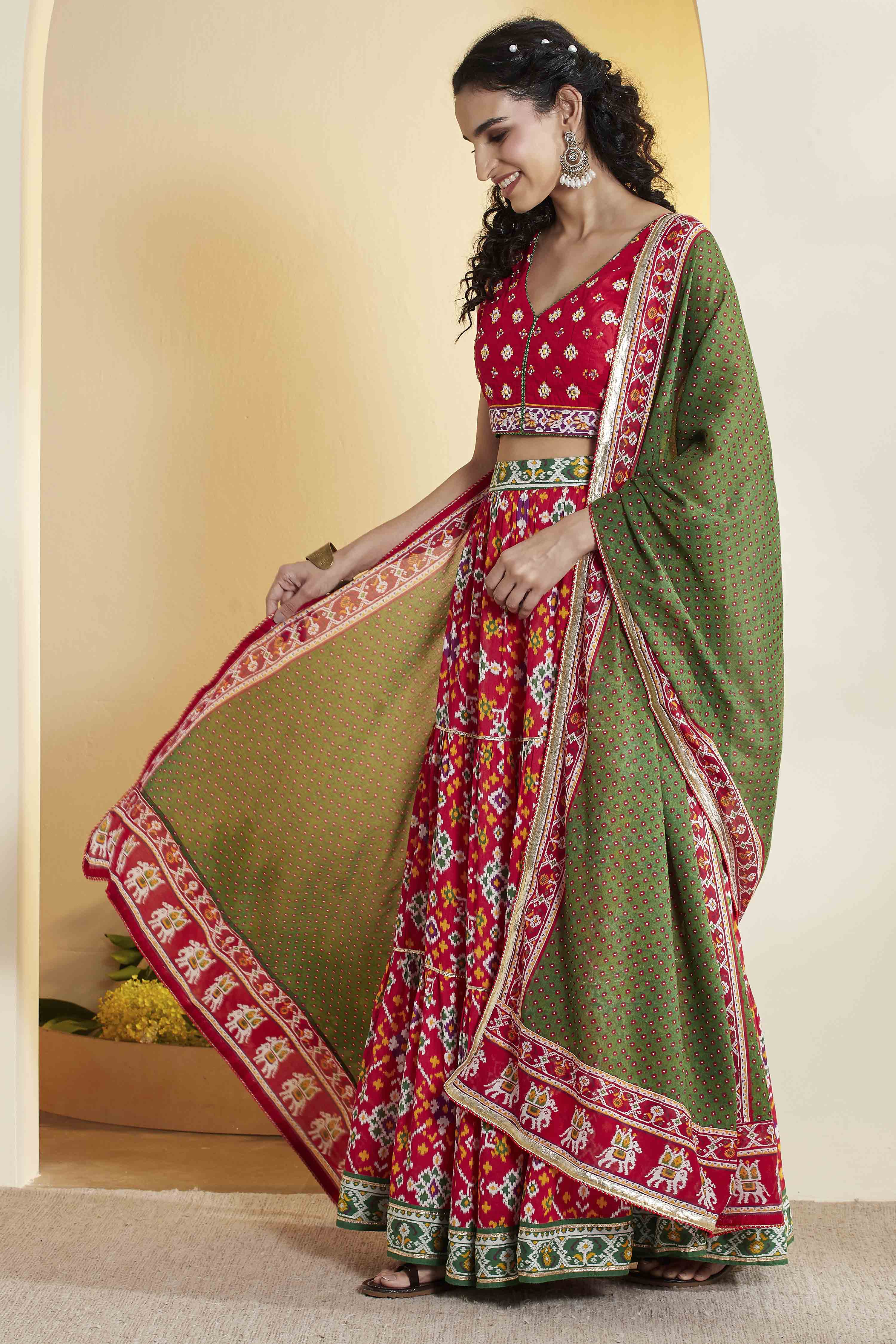 Red Cotton Gathered Lehenga Set image number 4
