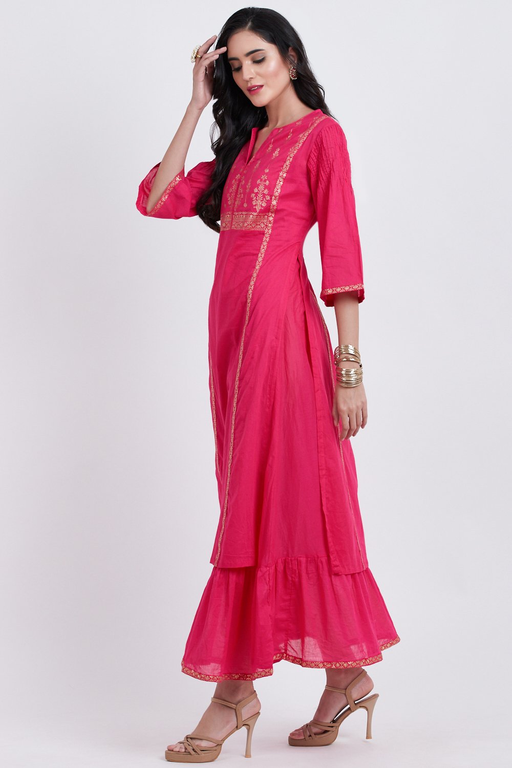 Green Cotton Flared Printed Kurta image number 3