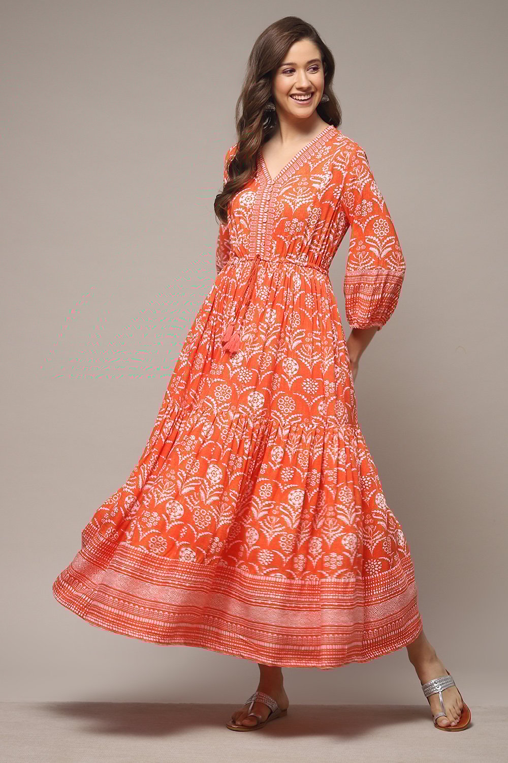 Orange Rayon Tiered Dress image number 0