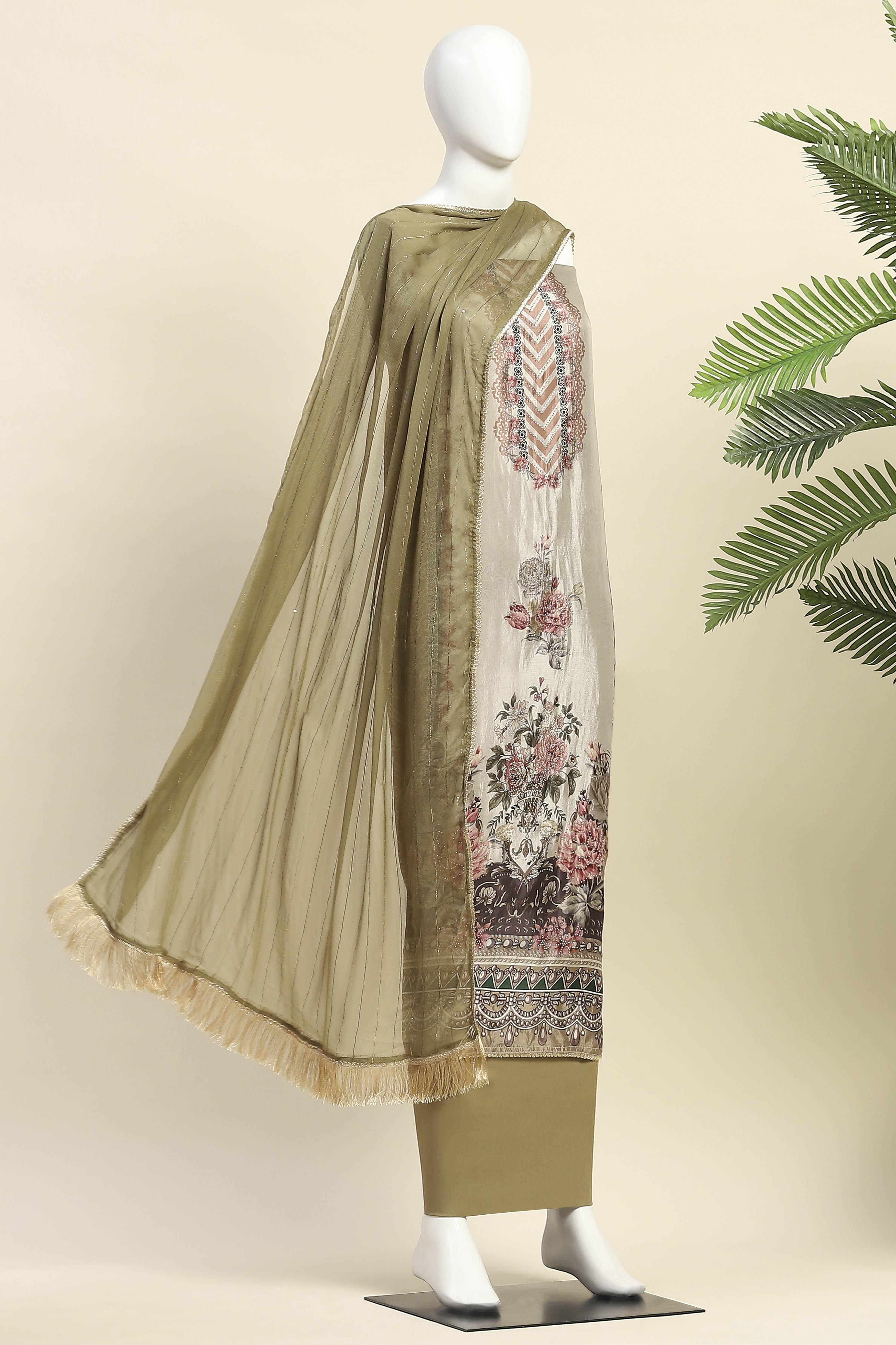 Beige Cotton Printed Unstitched Kurta Set image number 4