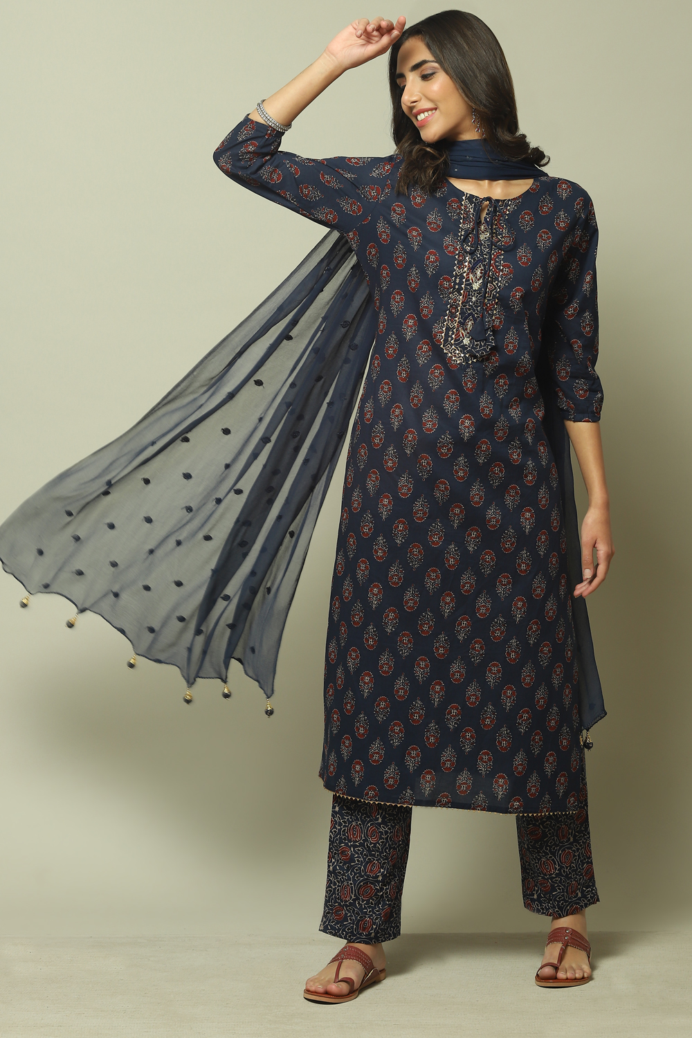 Indigo Cotton Hand Block Print Unstitched Suit Set image number 0