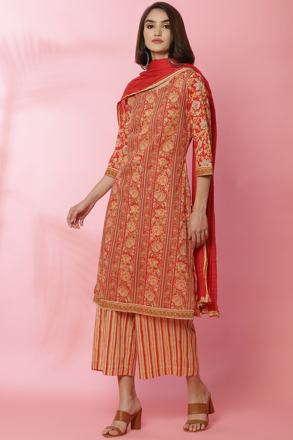 Red Cotton Straight Kurta Palazzo Suit Set image number 5